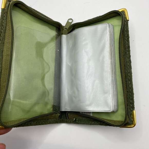 Vintage English Leather Green Suede Card Holder Wallet With Zippered Closure & G - Picture 4 of 7